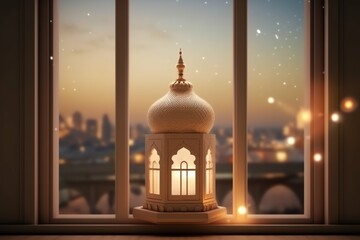 Fototapeta premium Eid mubarak and ramadan kareem greetings with islamic lantern and mosque. Eid al fitr background