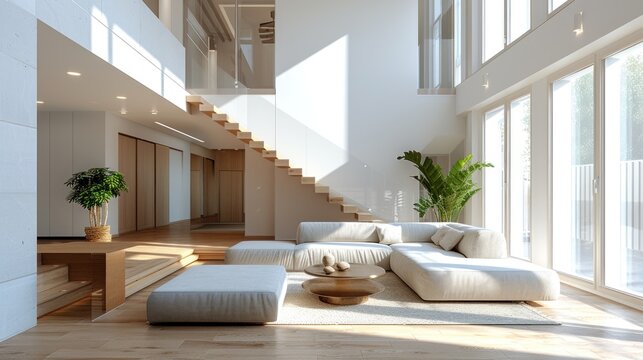 A two-story living room with bright white tones and a minimalist design. Bright rooms in white tones. For advertising and open plan interior design