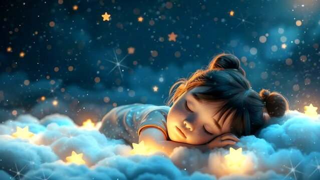 Animation of a cute baby girl sleeping peacefully under the starry night sky. Seamless looping 4k time-lapse virtual video animation background
