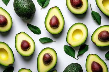 A Vibrant Collection of Fresh Avocados and Leaves Perfectly Halved and Whole, Displayed Artistically on a White Background
