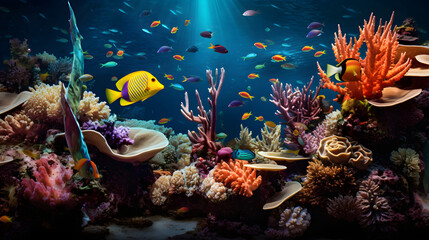 Naklejka na ściany i meble Display of Biodiversity: Shimmering Fish, Coral Reef and Sea Turtles under the Sea