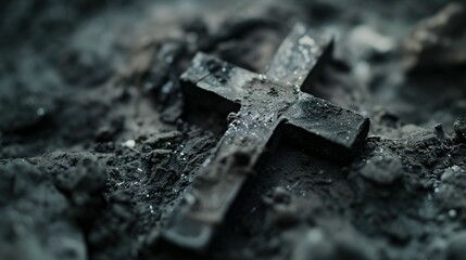 Christian cross and ash as symbol of religion, sacrifice, redemption of Jesus Christ. Ash Wednesday concept - obrazy, fototapety, plakaty