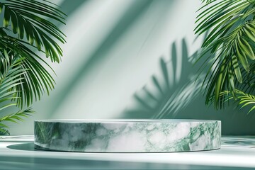 Fototapeta na wymiar Elegant Marble Podium Illuminated by Natural Light, Surrounded by Lush Green Palm Leaves Creating Beautiful Shadows and Highlights
