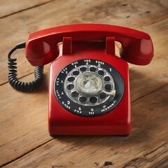 Classic Red Rotary Phone on Wooden Table