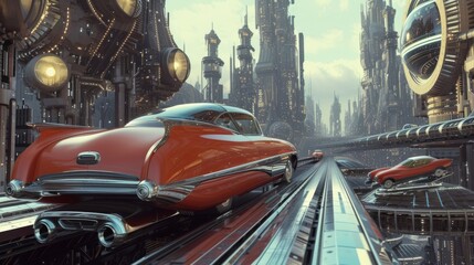 Naklejka premium RetroFuturistic Red Classic Car on Urban Highway