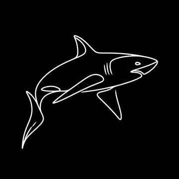 A shark illustration in black and white, depicted against a black backdrop.