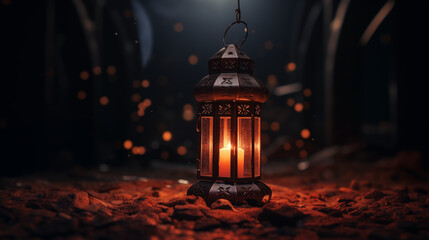 Ramadan background. Design arabian gold vintage lantern, golden crescent moon. Arabic calligraphic...