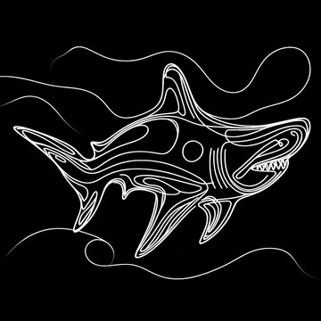 There is a shark depicted in black and white on a black backdrop.