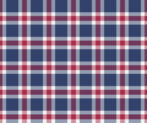 Plaid pattern, blue, white, red, seamless background for textiles, clothing designs or decorative fabrics. Vector illustration.