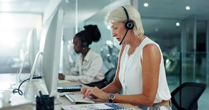 Call centre, talking and mature woman with computer for communication, support or customer service. Office, virtual help and sales agent speaking for telemarketing, consultation or online assistance
