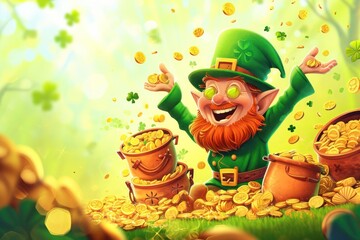 Cartoon organism, a leprechaun, happily sitting in a pile of gold coins