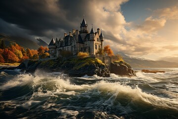 Majestic castle on the seashore with waves gently lapping at its enchanting base - obrazy, fototapety, plakaty