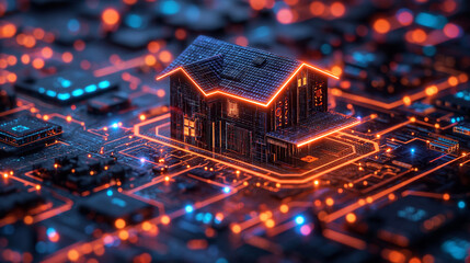 Obraz premium A house in a digital neon line board. digital building concept. future technology growing concepts. digital marketing concept.