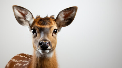 Sika Deer in front of white background, isolated. The deer has turned a head and looks in a camera