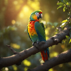 Obraz premium Enchanted Haven A Magical Forest Awakens with a Colorful Parrot Perched in Golden Sunlight