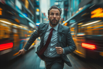 Businessman running in the city at night with motion blur background.