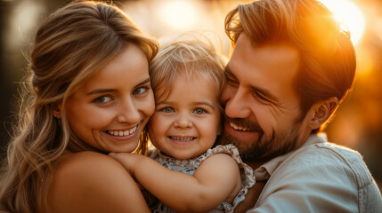 Portrait of a happy family with little daughter in the park.