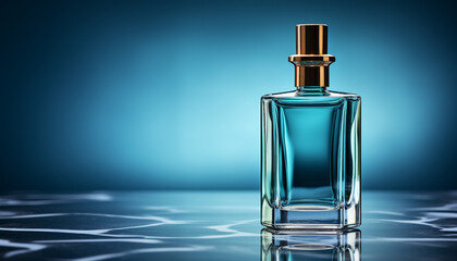 Blue perfume bottle with transparent liquid reflects elegance and beauty generated by AI