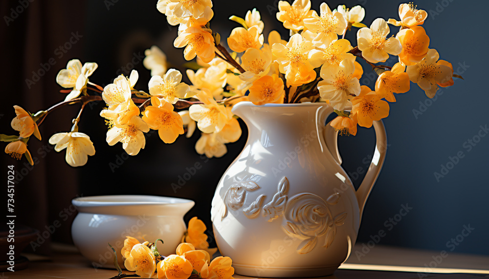 Poster freshness and elegance in a rustic flower arrangement on table generated by ai