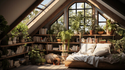 Fototapeta premium interior design of rooftop attic room with book and plant concept