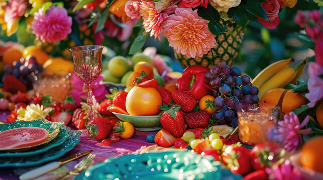 Lavish summer table setting with a vibrant display of fresh fruits and lush floral arrangements for a festive celebration.
