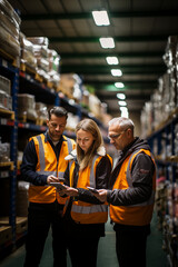 middle-aged woman leading an inventory count inside a warehouse