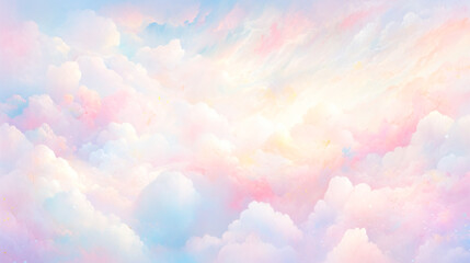 カラフルでメルヘンチックな雲と空の水彩イラスト背景 - obrazy, fototapety, plakaty
