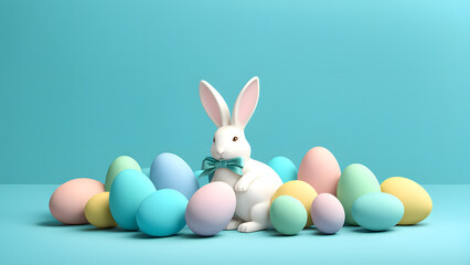 Fototapeta premium Colorful Easter Bunny Fun 3D Illustration with Eggs on Vibrant Blue. Ready to use for easter background concept.