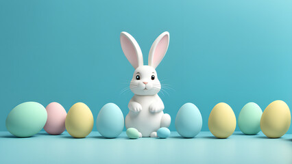 Vivid Easter Delight 3D Bunny Rabbit and Bright Eggs on Blue Background. 3D easter background easy to use.