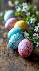 Easter background with coloured eggs. AI generative.