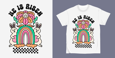 He is risen 90s Retro easter groovy cartoon character, easter bunny t shirt design vector. Hippie easter illustration for print