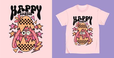 90s Retro easter groovy cartoon character, easter egg bunny t shirt design vector. Hippie easter illustration for print