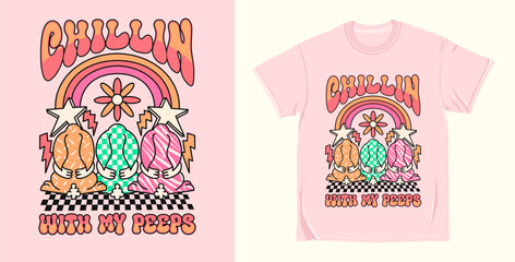 Chillin with my peeps 90s Retro easter groovy cartoon character, easter t shirt design vector. Hippie easter illustration for print