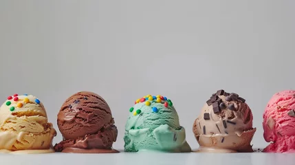 Fotobehang Creative Flavors Galore, lineup of unique and creative ice cream flavors, such as salted caramel swirl, mint chocolate chip and birthday cake, generative AI © Hifzhan Graphics