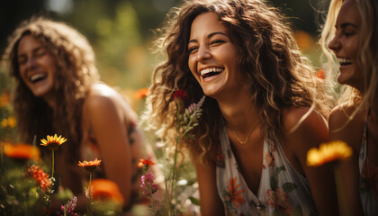 Young women laughing, enjoying nature, carefree and carefree, bonding together generated by AI