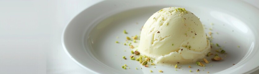 Minimalist Perfection, A single scoop of pistachio ice cream resting on a simple white plate, generative AI