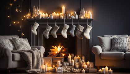 Cozy living room, illuminated by candlelight, celebrates winter season generated by AI