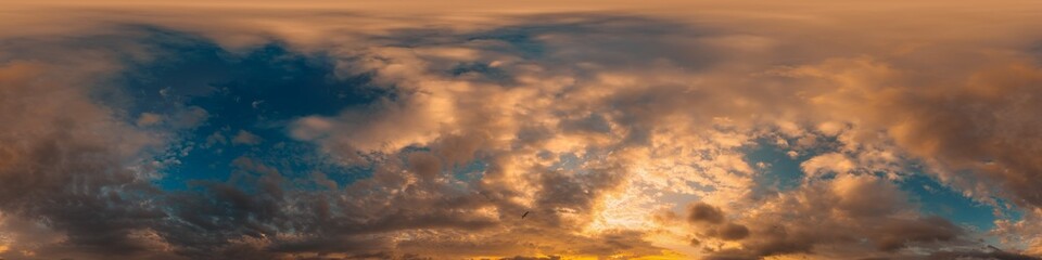 Sunset sky panorama with bright glowing pink Cumulus clouds. HDR 360 seamless spherical panorama. Full zenith or sky dome in 3D, sky replacement for aerial drone panoramas. Climate and weather change.