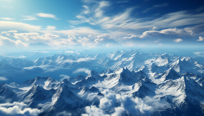 Majestic mountain peak, blue sky, snow covered landscape, panoramic beauty generated by AI