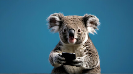 koala bear portrait in suit use smartphone  on city street, .Generative AI