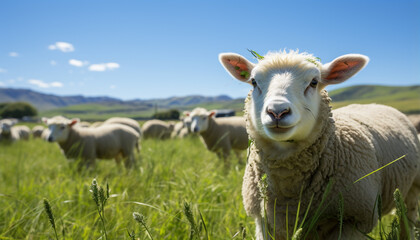 Obraz premium Cute lamb grazing in green meadow, surrounded by flock generated by AI