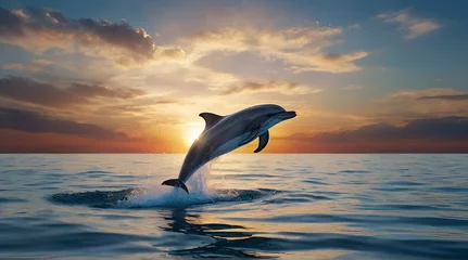 Zelfklevend Fotobehang Dolphin leaping jumping from shining sunset sea water surface(beautiful dolphin leaping jumping from shinin) :generative.ai © Sheraz