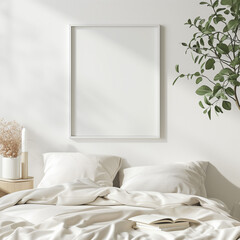 vertical white frame mockup with bed and pillows