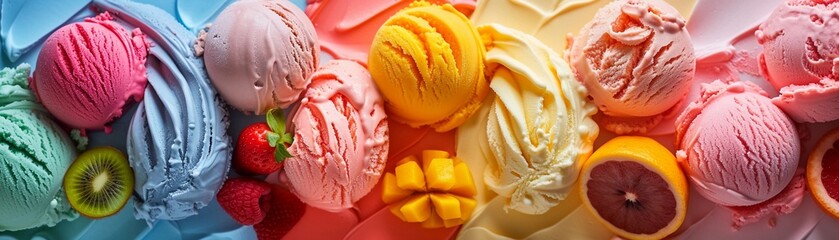 Fruity Gelato Bliss, variety of fruity gelato flavors arranged in a visually appealing display, generative AI - obrazy, fototapety, plakaty