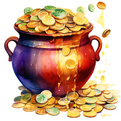 A pot of gold coins, some of which are falling out.