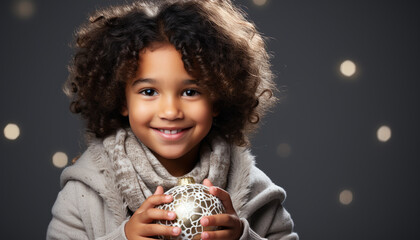 Naklejka premium Smiling child holding gift, celebrating winter with cheerful African girl generated by AI