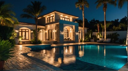 Obraz na płótnie Canvas Luxury home with paver block driveway, palm trees, greenery landscaping and swimming pool at night from Generative AI