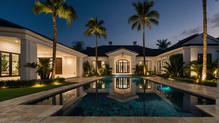 Luxury home with paver block driveway, palm trees, greenery landscaping and swimming pool at night from Generative AI