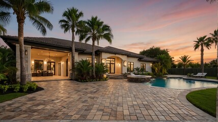 Luxury home with paver block driveway, palm trees, greenery landscaping and swimming pool at sunset from Generative AI