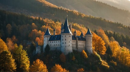 Peaceful and tranquil autumn photo of a castle in the mountains at morning with sunlight rays from Generative AI - obrazy, fototapety, plakaty
